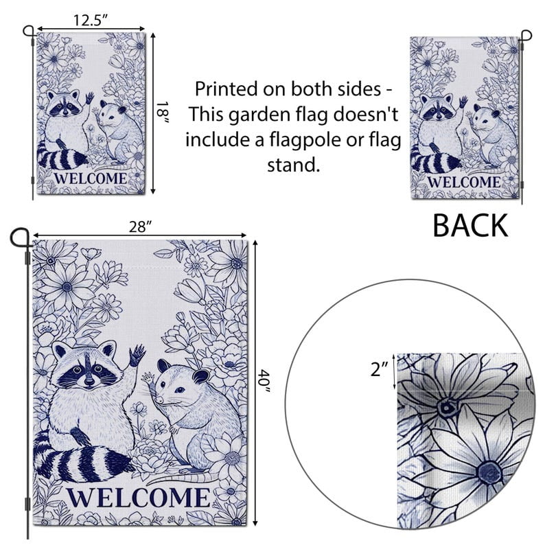 ViciArt Raccoon & Possum Welcome Garden Flag – 28”x40” Blue White Floral Outdoor Yard Decor, Woodland Animal Sign
