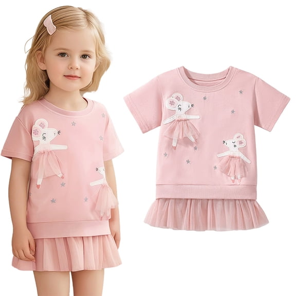 LYMAYTER 2-7Y Toddler Little Girls Summer Cartoon Dress Cute Short Sleeve T Shirt Mesh Skirt Casual Dress