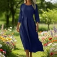 thumbnail image 2 of Pisexur Robes en Coton et Lin pour Femmes Décontractées Unies Boutonnées Longues Robes Mode Col Rond Manches 3/4 Robe Maxi Fluide pour Quotidien, Travail, Plage P-2TG, Bleu, 2 of 9