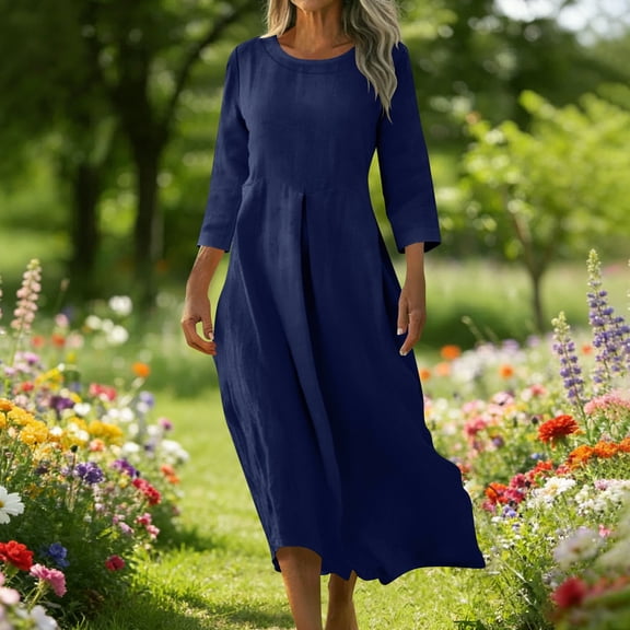 BLTIBY Women's Cotton Linen Maxi Dresses Flowy Casual Round Neck Boho Dress Loose Fit 3/4 Sleeve Summer Vacation Dress Navy XL