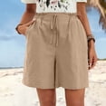 thumbnail image 2 of Athletic Shirts Women's Wide Leg Shorts Fashion Comfy Drawstring Elastic Waist Loose Shorts Lightweight Faux Linen Shorts with Pockets ,Khaki,L, 2 of 4