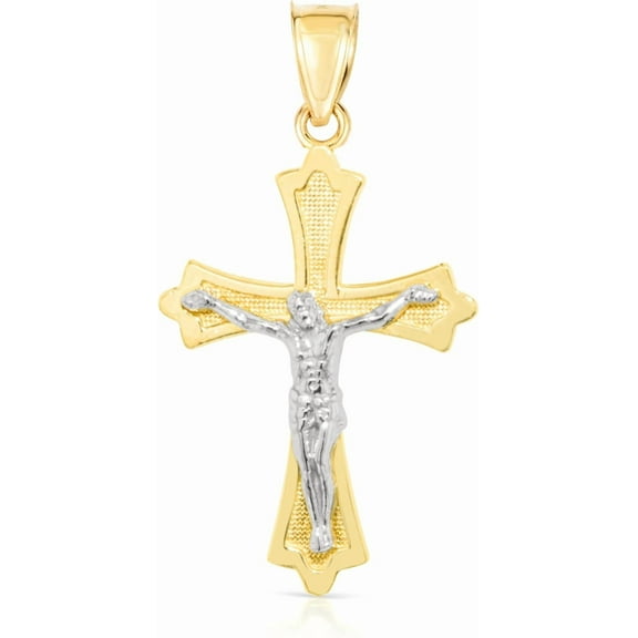 Floreo 10k Yellow Gold Textured Bevel Crucifix of Jesus Religious Pendant (Small)