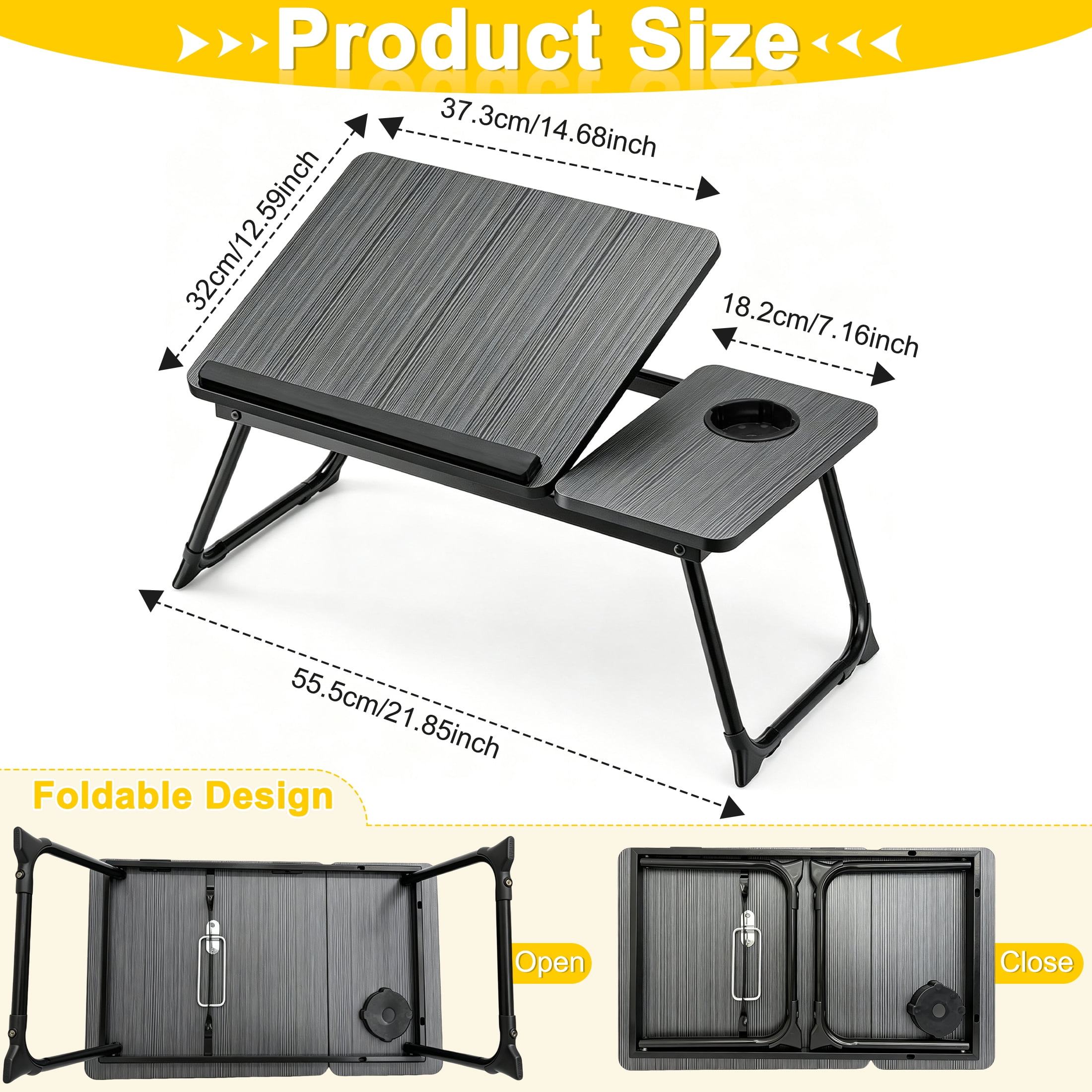 Foldable Laptop Bed Tray Table, Adjustable Angle Portable Lap Desk with Cup Holder, Multifunction Bed Table for Working, Reading, Eating on Bed Sofa