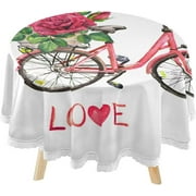 SKYSONIC Vintage Bicycle Pink Rose Round Tablecloth 60inch with Lace Indoor Wrinkle Free, Circular Table Cover Washable Farmhouse Tabletop for Kitchen Dining Decor