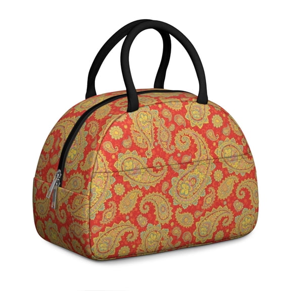 Paisley and Floral Red Pattern Insulated Lunch Bag,Leakproof Large Capacity Lunch Box for Work,Picnic or Travel,11.4 X 6.7 X 8.3 Inches