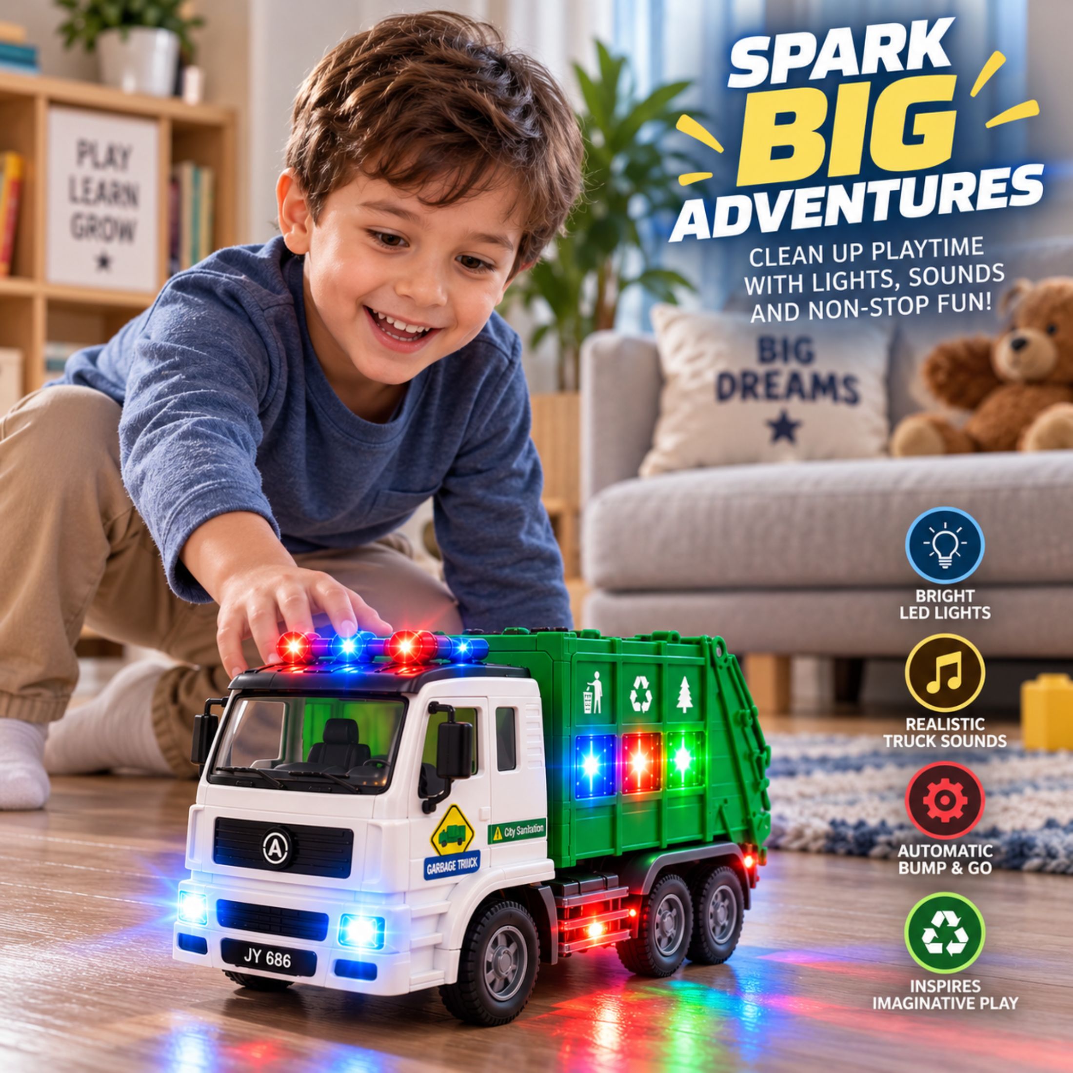 JoyX Garbage Truck Toy with LED Lights & Sounds photo 7