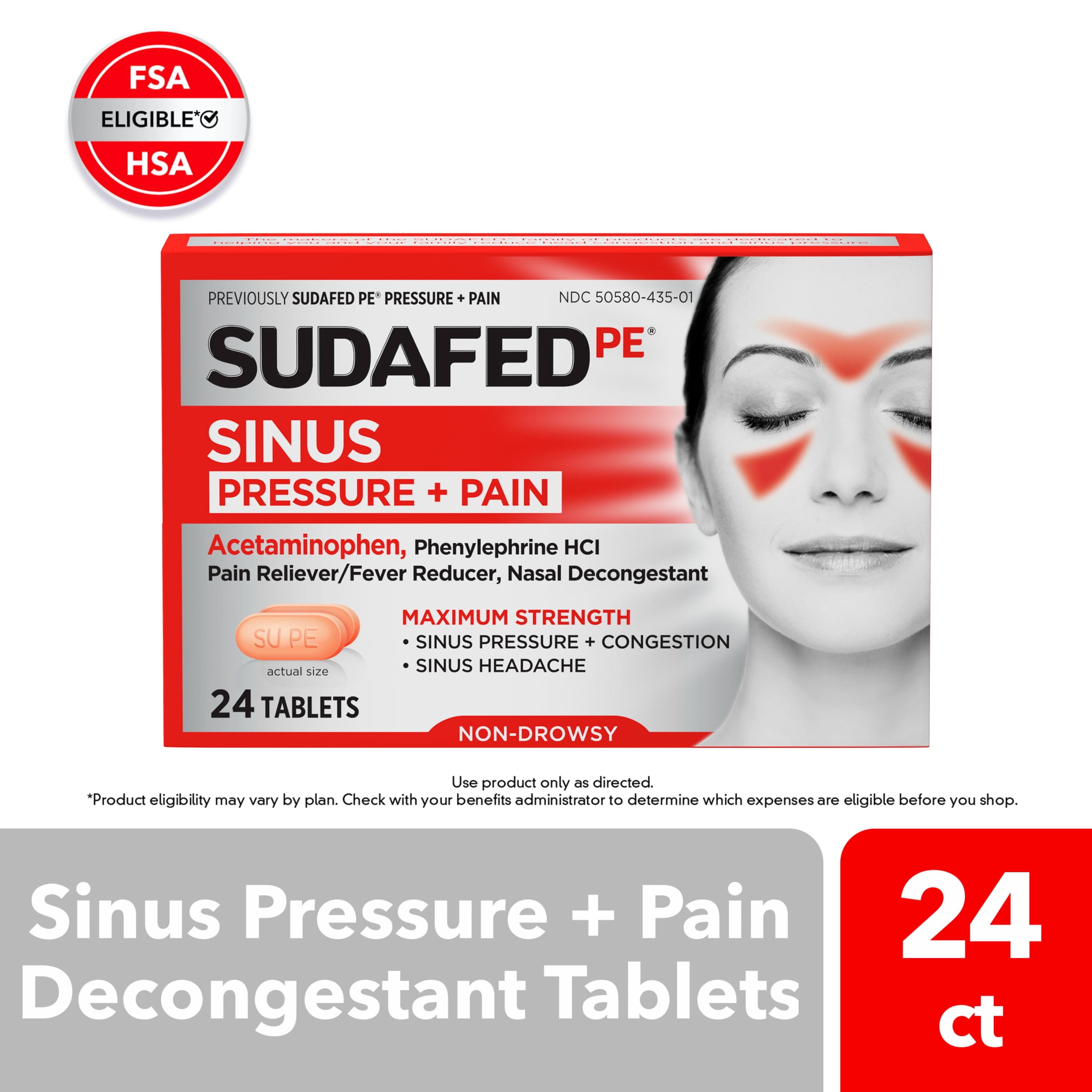 Sudafed PE Sinus Pressure + Pain Relief Decongestant Tablets, 24 Count