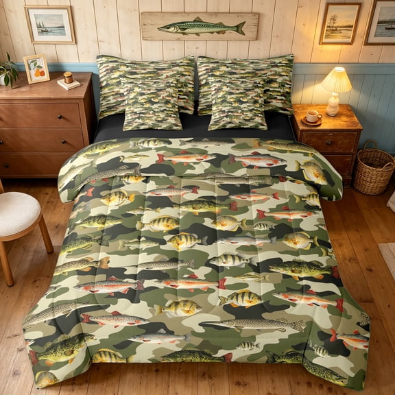 Manfei Rustic Camo Fish King Bedding, Wildlife King Bed in a Bag, Green, Black Reversible, 7 Pieces