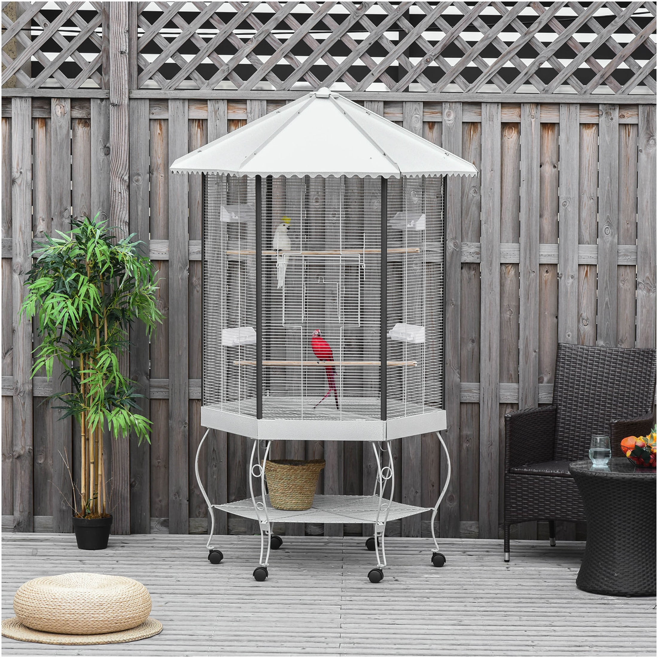 JERFIT 77 Inch White Steel Hexagon Bird Cage with Rolling Stand, Removable Tray & Storage Shelf for Parakeets, Cockatiels, Lovebirds