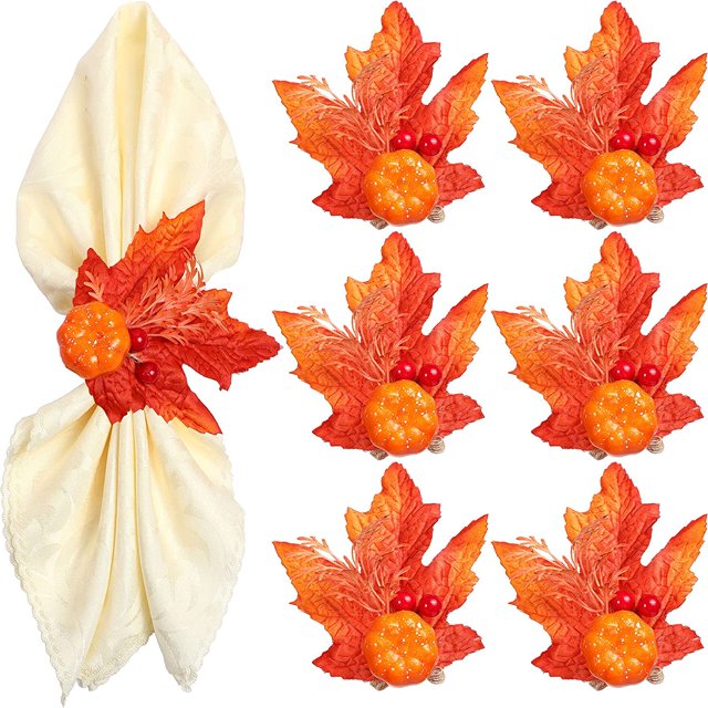 Anillos de servilleta de calabaza de Acción de Gracias oso de fresa 6 piezas decoración hojas de otoño