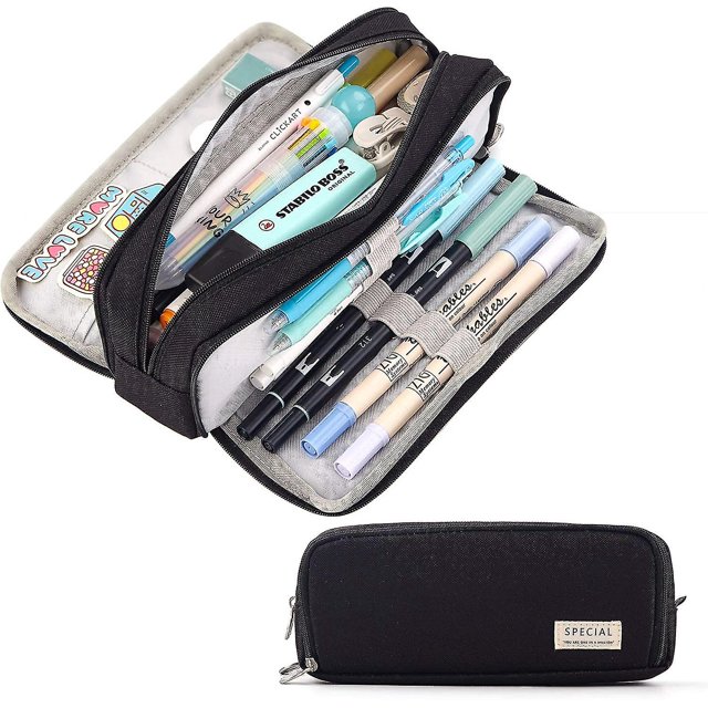 Estuche para lápices de gran capacidad, estuche con 3 compartimentos, estuche para bolígrafos para la escuela, adolescente, niña, niño, hombre y mujer (negro)