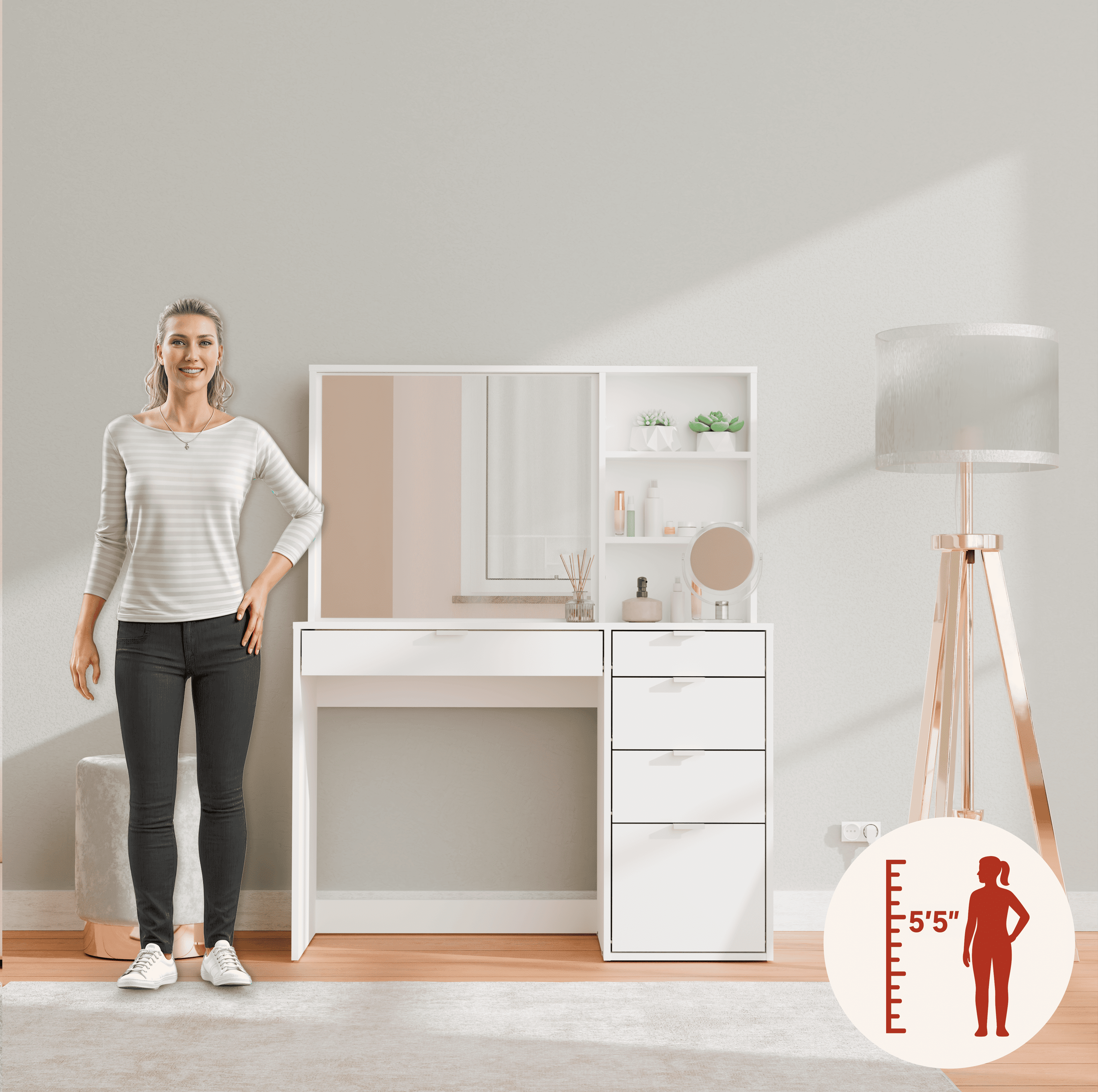 Kappesberg Ella 2-Piece Bedroom Set, Makeup Vanity and Nightstand with Drawers, White Finish - for Adults and Teens