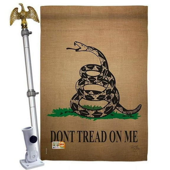 Breeze Decor BD-HS-HS-108401-IP-BO-D-US18-BD 28 x 40 in. Gadsden Americana Historic Impressions Decorative Vertical Double Sided House Flag Set with Pole Bracket Hardware