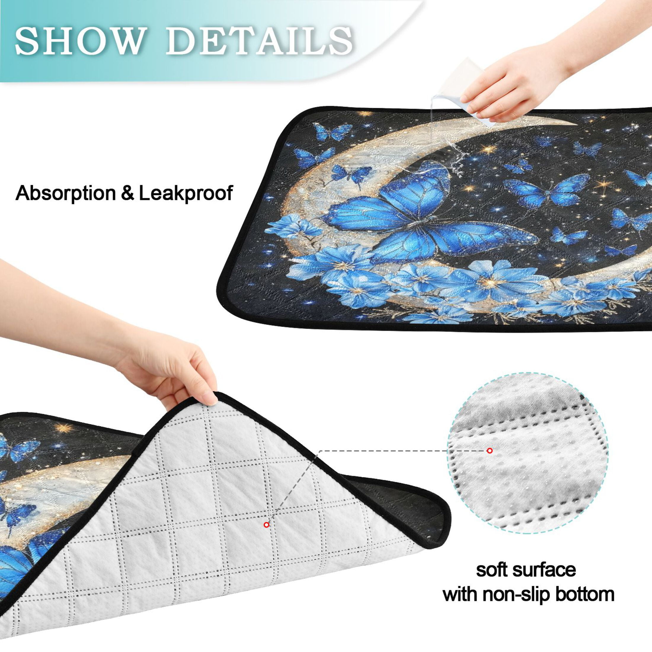 Qxltty Moon with Butterflies Cat litter Pads Pet Set of 3 Diaper Mats Center Anti-leakage Layer Absorbent Soft and Comfortable