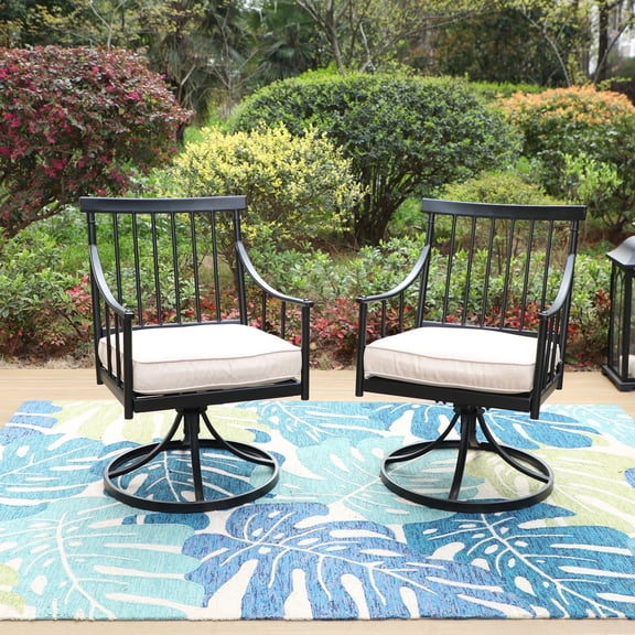 SUMMIT LIVING 2-Piece Outdoor Swivel Dining Chairs with Cushions, Black & Beige