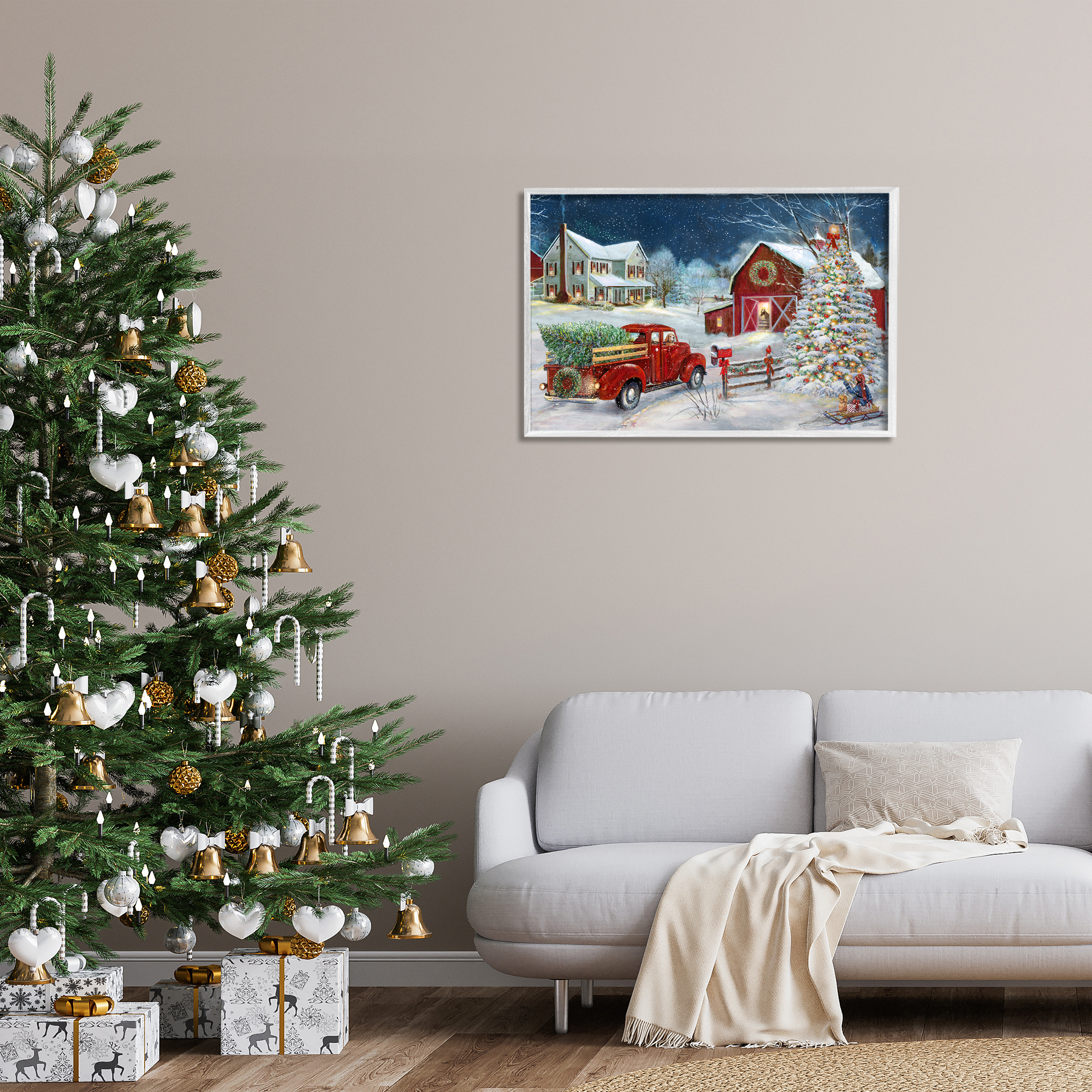 Stupell Industries Snowy Winter Farmhouse Holiday Painting White Framed Art Prints Wall Art, 30 x 20