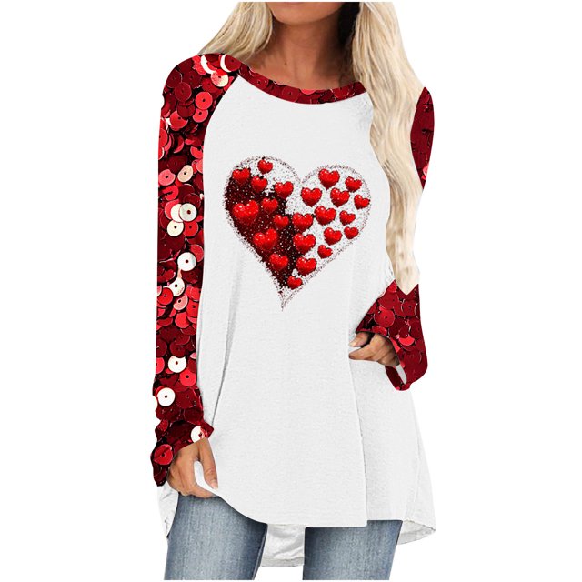 Penkiiy Hauts de Mode à Manches Longues pour Femmes, Col Rond Mignon, Blouse Tendance, Saint-Valentin 2025, Grande Taille, Imprimé Cœur, L Rouge