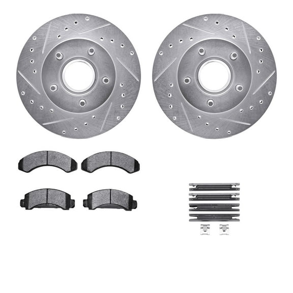 Dynamic Friction Company Front Brake Rotors-Drilled and Slotted-Silver with Heavy Duty Brake Pads includes Hardware 7212-99095