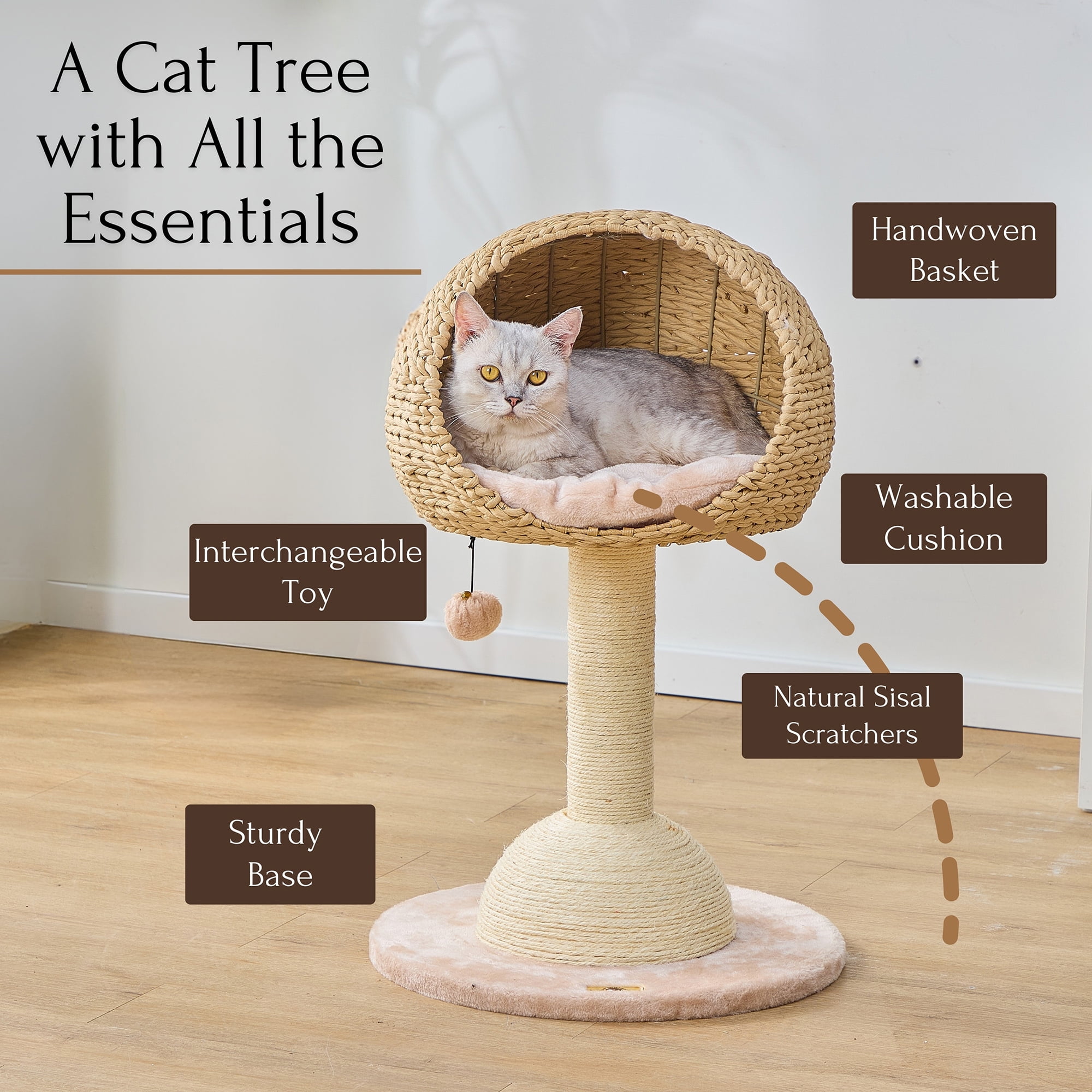Petpals 29"High 2-Lvl Handwoven Paper Rope Hoodie Cat Basket Bed with Sisal Scratching Post, Beige