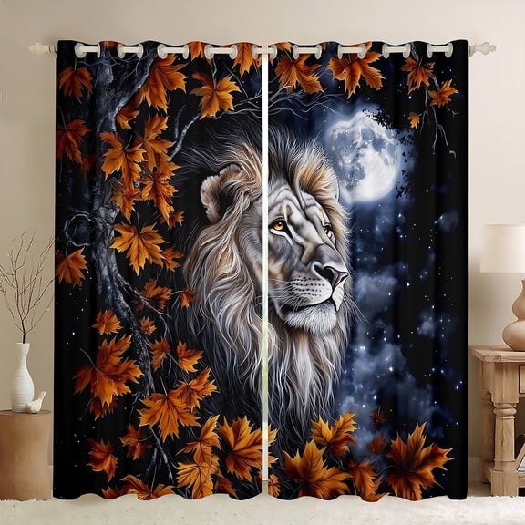 Castle Fairy Woodland Wildlife Lion Black Out Curtains for Teens Adults,Starry Sky Curtains Pack of 2 (42x63 Each),Maple Leaves Bedroom Curtains,Ultra Soft Home Decor