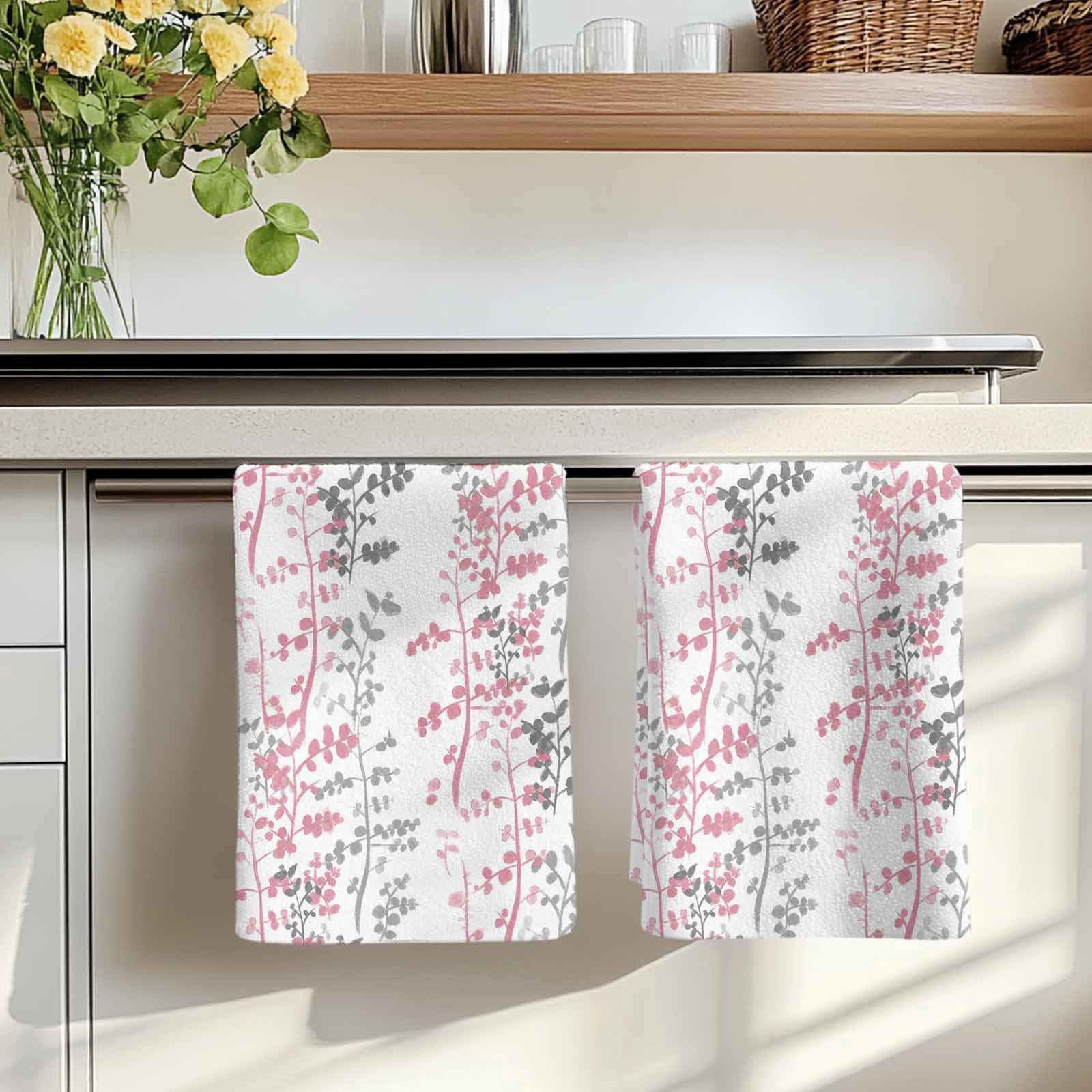 Dish Towels, Pink Leaf Absorbent Kitchen Towels 2 PCS, Grey Leaves Branches Microfiber Hand Towels Dish Cloths Tea Towels for Home&nbsp;Bathroom Cleaning Drying,18X28-Inch,