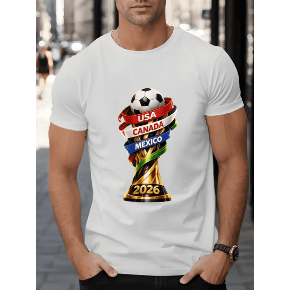 2026 Themed Men's T-Shirt with USA Canada Mexico Trophy Badge Print, Sporty Casual Crew Neck Top, Daily Breathable Style