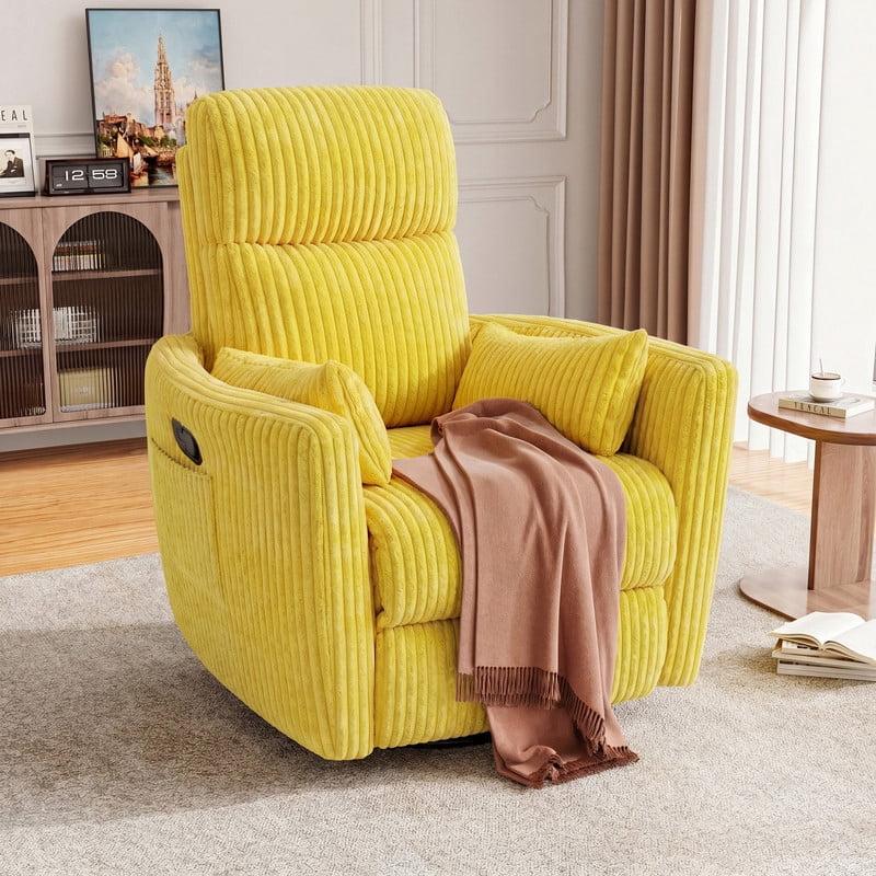 Furmax 360° Swivel Recliner Power Massage Rocker Chair Adult Glider Rocker with 2 Comfy Pillows for Nursery,Corduroy Yellow