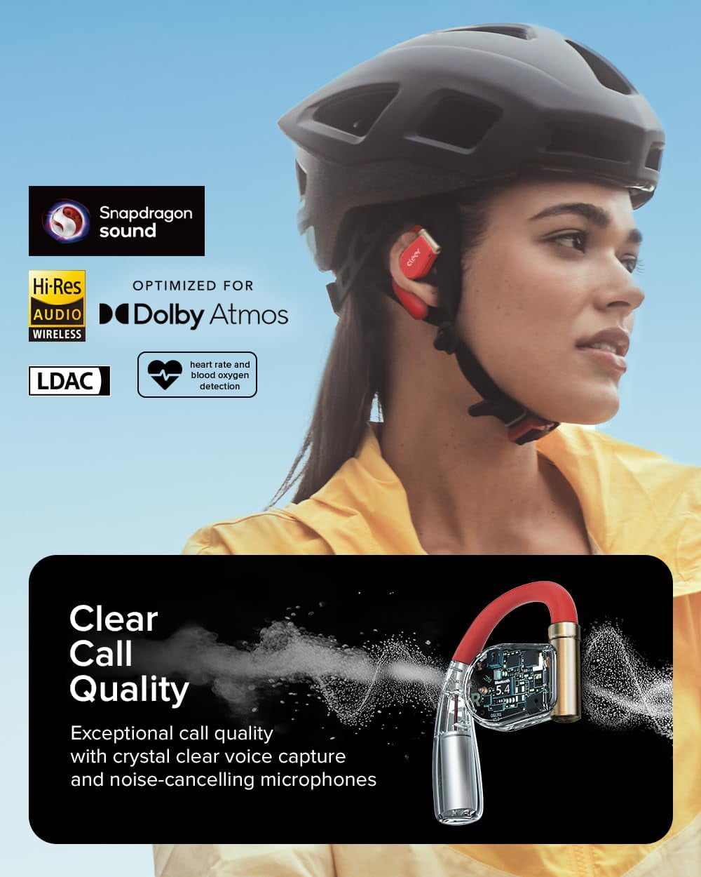 Cleer Arc3 Sports Pro Open Ear Headphones, Dolby Audio True Wireless,40Hr Battery, BT 5.4, IPX7, Heart Rate Monitoring, Smart Case, Comfort Fit, Red