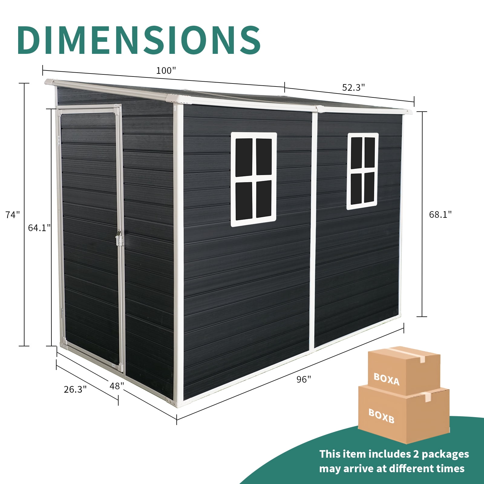 8x4 ft Outdoor Resin Garden Shed with Door, Floor and 2 Windows, Plastic Patio Outdoor Storage Shed with Lockable Door for Garden Tools, Bicycles, Trash Cans, Black