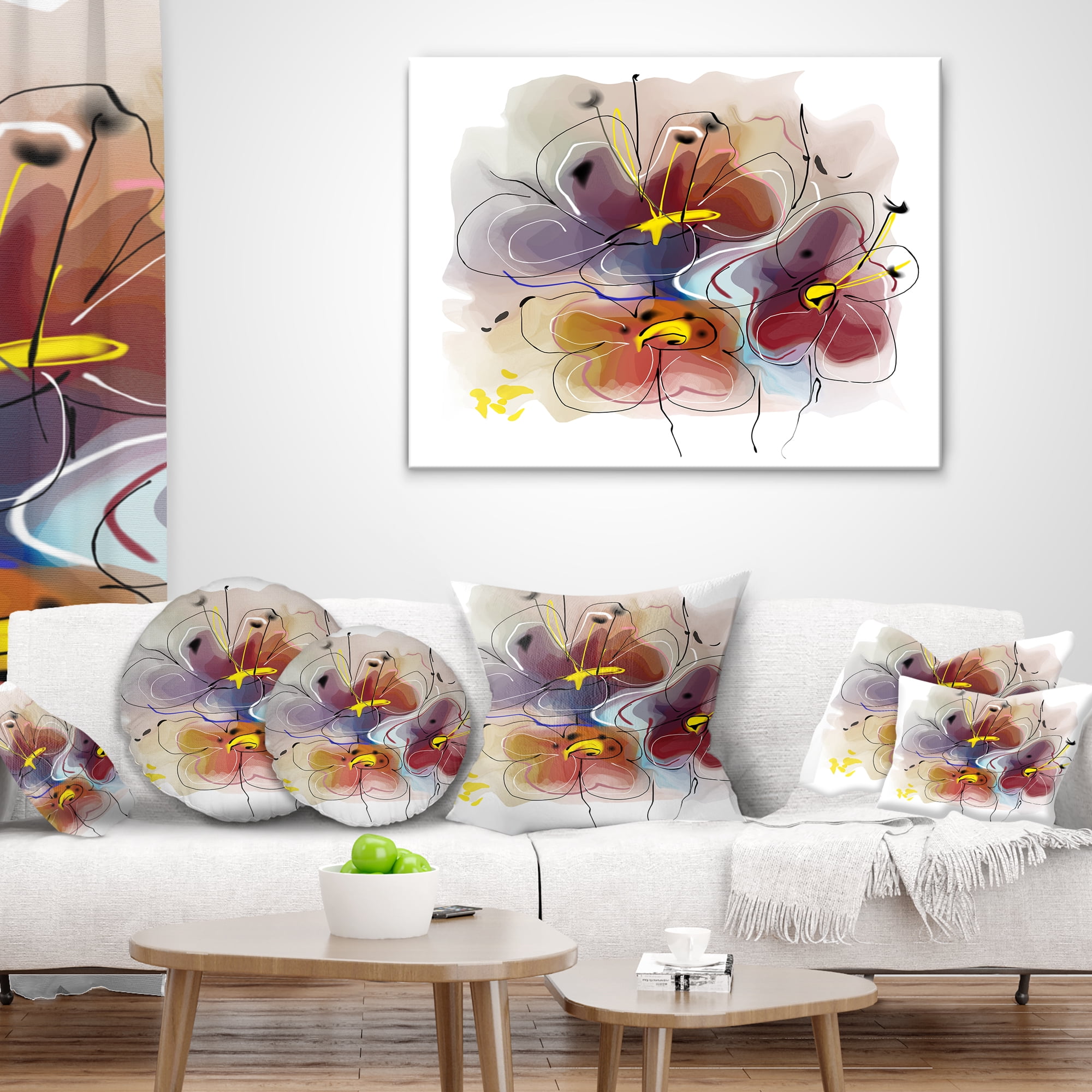 Designart Brown Blue Flower Illustration Art - Floral Throw Pillow - 18x18