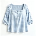 thumbnail image 5 of Yrmaups Women Plus Size Square Neck 3/4 Sleeve Blouse, Loose Fit Button Plaid Top, Soft Casual Tee for Summer Office Daily Wear, Light Blue 2XL, 5 of 5