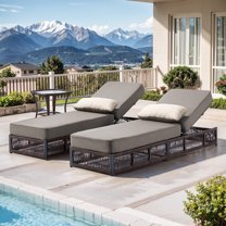 PARKWELL 3 Pieces Outdoor Chaise Lounge Chair Set, Wicker Reclining Chair with Side Table,5-Position Backrest, 5" Thick Cushions and Lumbar Support for Patio or Poolside, Brown/Gray