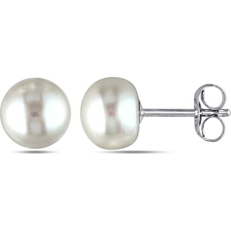 Miabella 6-7mm White Button Cultured Freshwater Pearl 14kt White Gold Stud Earrings
