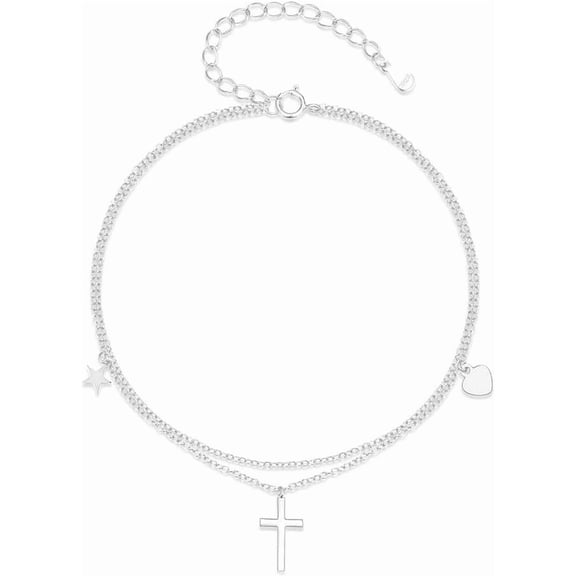 Dangle Cross Anklet 925 Sterling Silver Layered Chain Dangling Charm Star Heart Ankle Bracelet Anklets Summer Holiday Foot Jewelry Gifts for Women