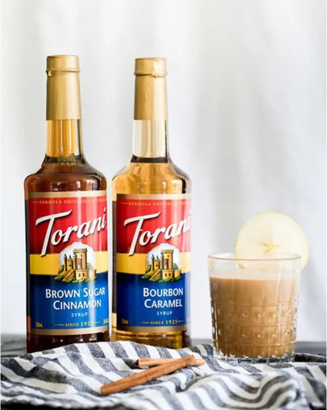 Torani Bourbon Caramel Flavouring Syrup, 25.4 fl oz (750ml) Glass Bottle with Absol Gold Pump