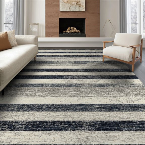 ODIKA 8'x10' Washable Area Rug Non-Slip Chair-Friendly Mat Striped Vintage Farmhouse Bands Distressed Colorblock Border for Dining Room, Large Office, Lounge