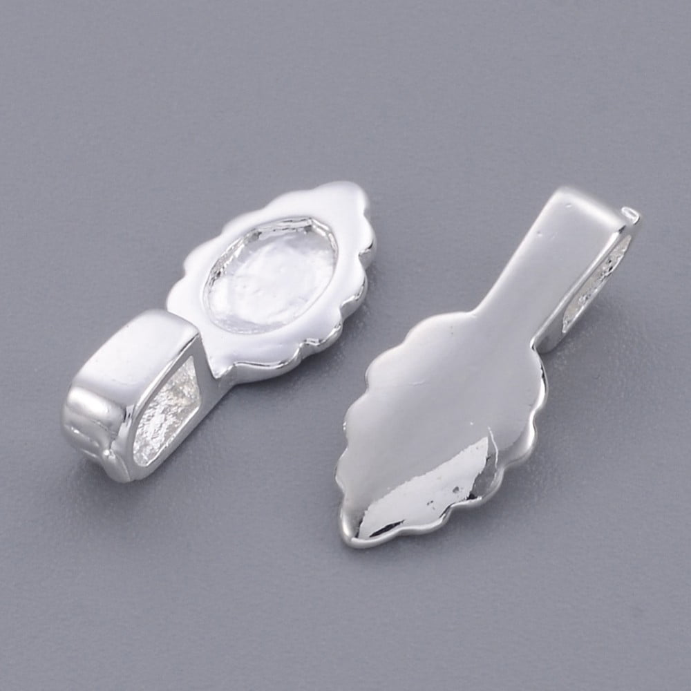 Brass Glue-on Flat Pad Bails Leaf Silver color Plated about 6.5mm wide 16mm long 1.5mm thick hole: 3x2mm Brass