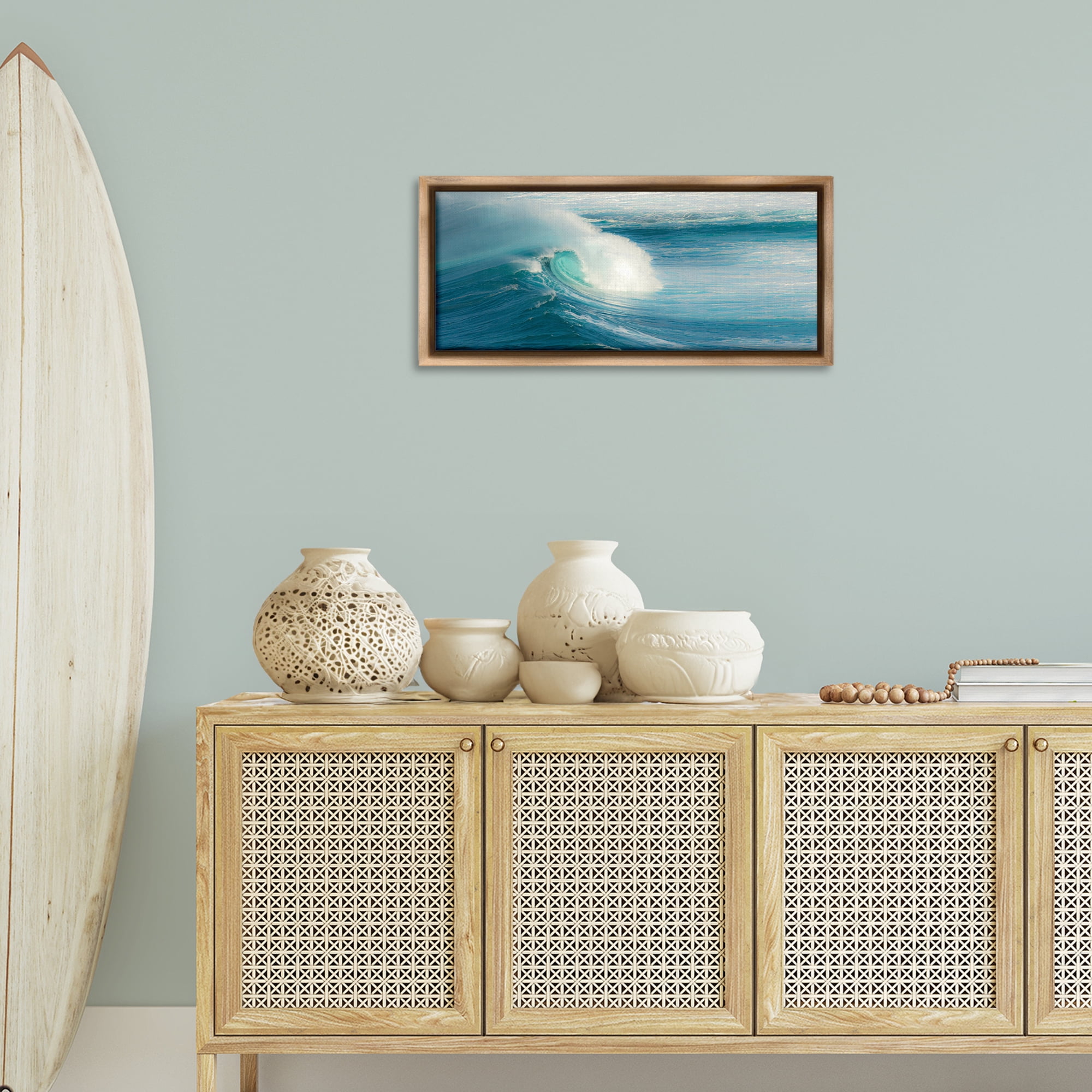 Stupell Industries Bending Ocean Wave Nautical & Beach Photography Brown Floater Framed Canvas Art Print Wall Art, 31 x 14