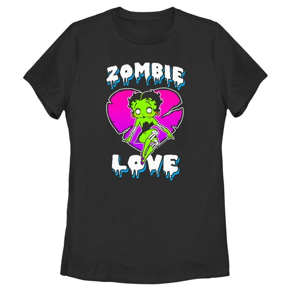 Women's Betty Boop Halloween Green Zombie Love  Graphic Tee Black 2X Large