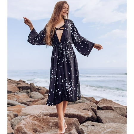 Bikini Cover-ups Black Stars Printed Summer Deep V Neck Beach Dress Long Tunic Women Beach Wear Swim Suit Cover Up Kimono