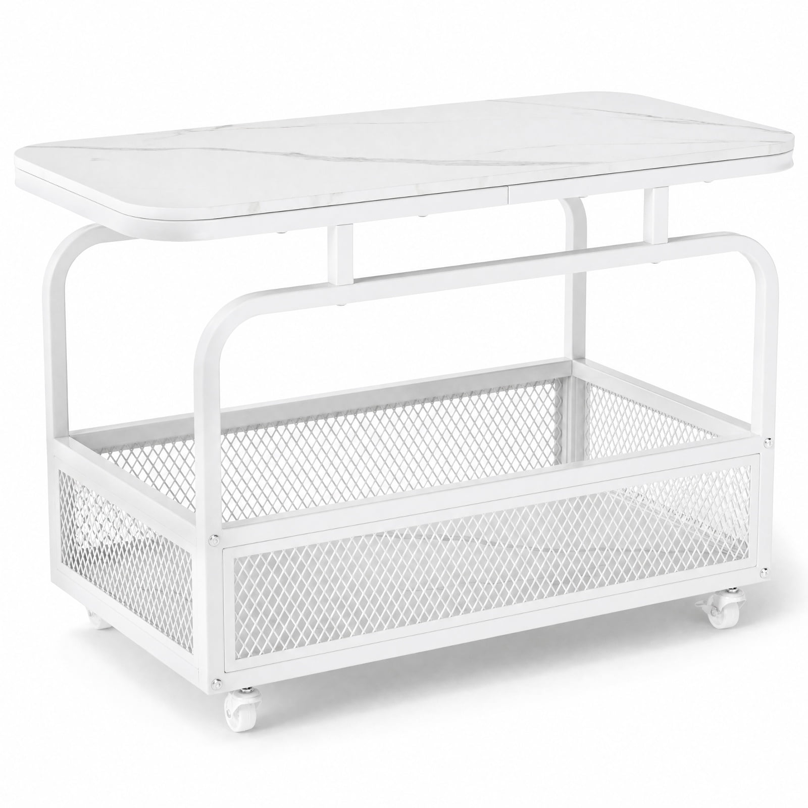 Furnibear Rolling Side Table 2 Tier Narrow End Table with Faux Marble Top and Mesh Storage Basket for Living Room Bedroom and Sofa Side, White