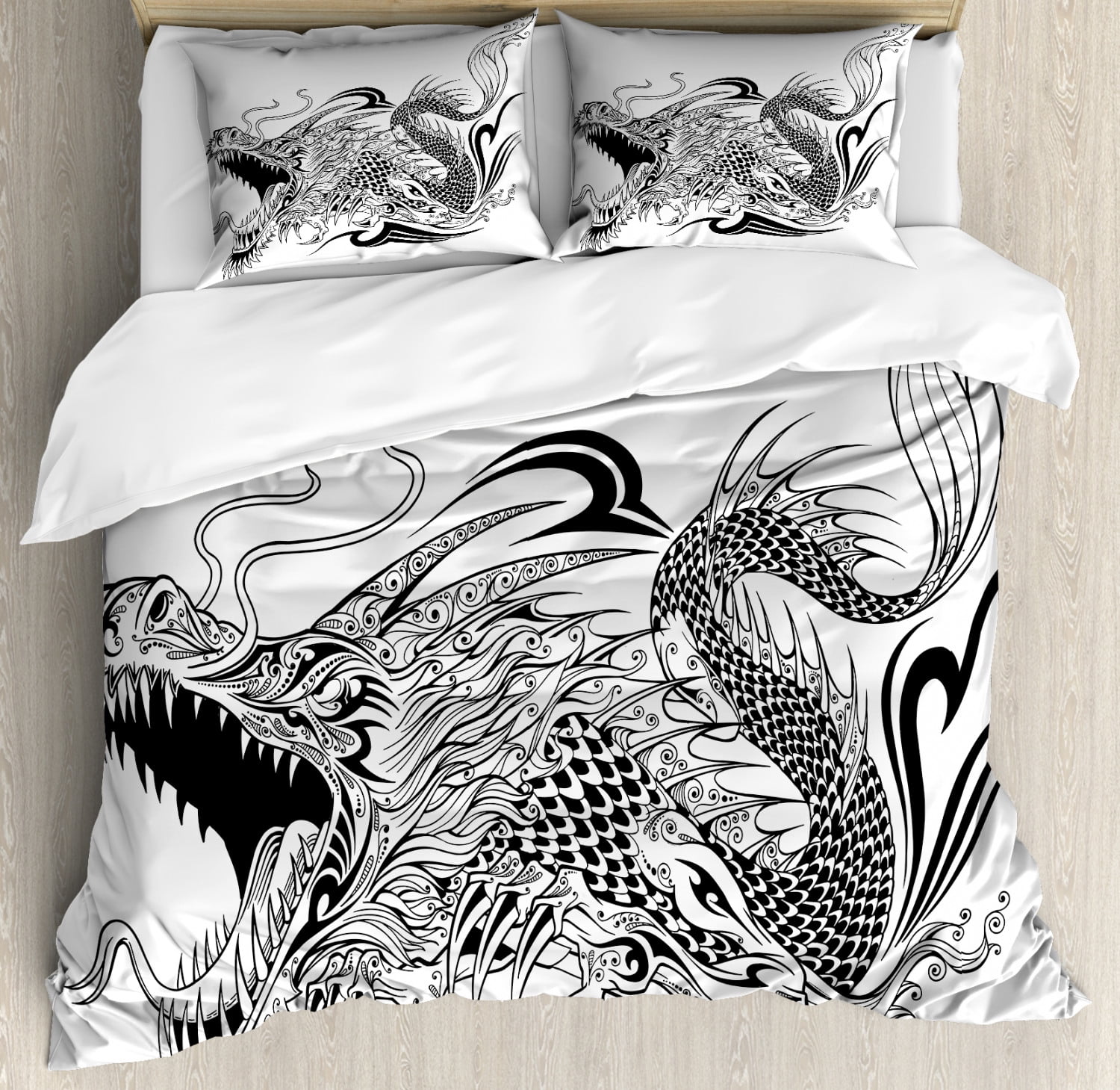 Dragon Duvet Cover Set, Tattoo Style Traditional Asian Winged Creature with Ornamental Ethnic
