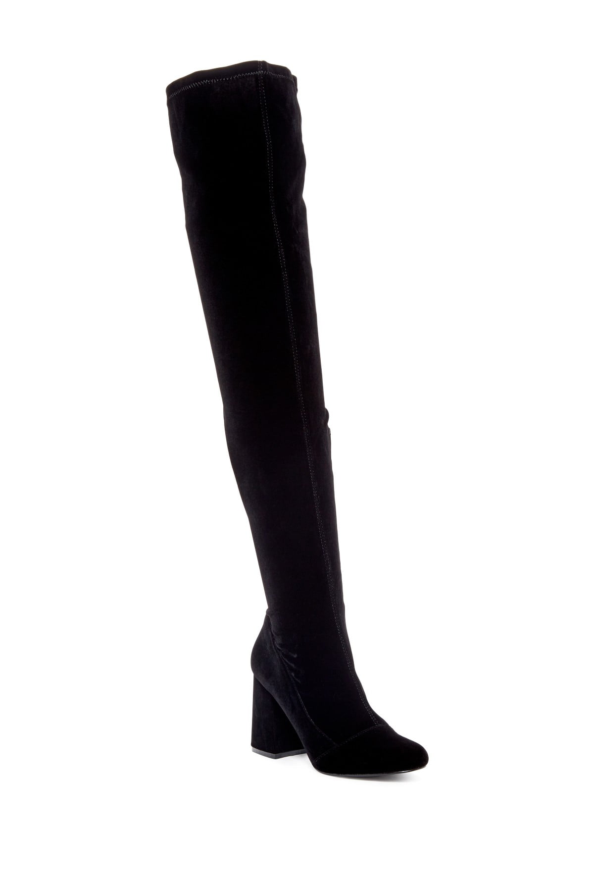 Shellys London Womens Harriet Black Thigh-Knee Velvet Mid Chunky Heel Over Knee Boot
