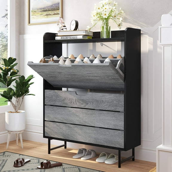 Vividwood Shoe Storage Cabinet with 2 Flip Drawers, Wooden Shoe Rack Organizer Cabinet with Adjustable Shelf, Narrow Shoe Cabinet for Entryway, Hallway, Living Room (Grey)