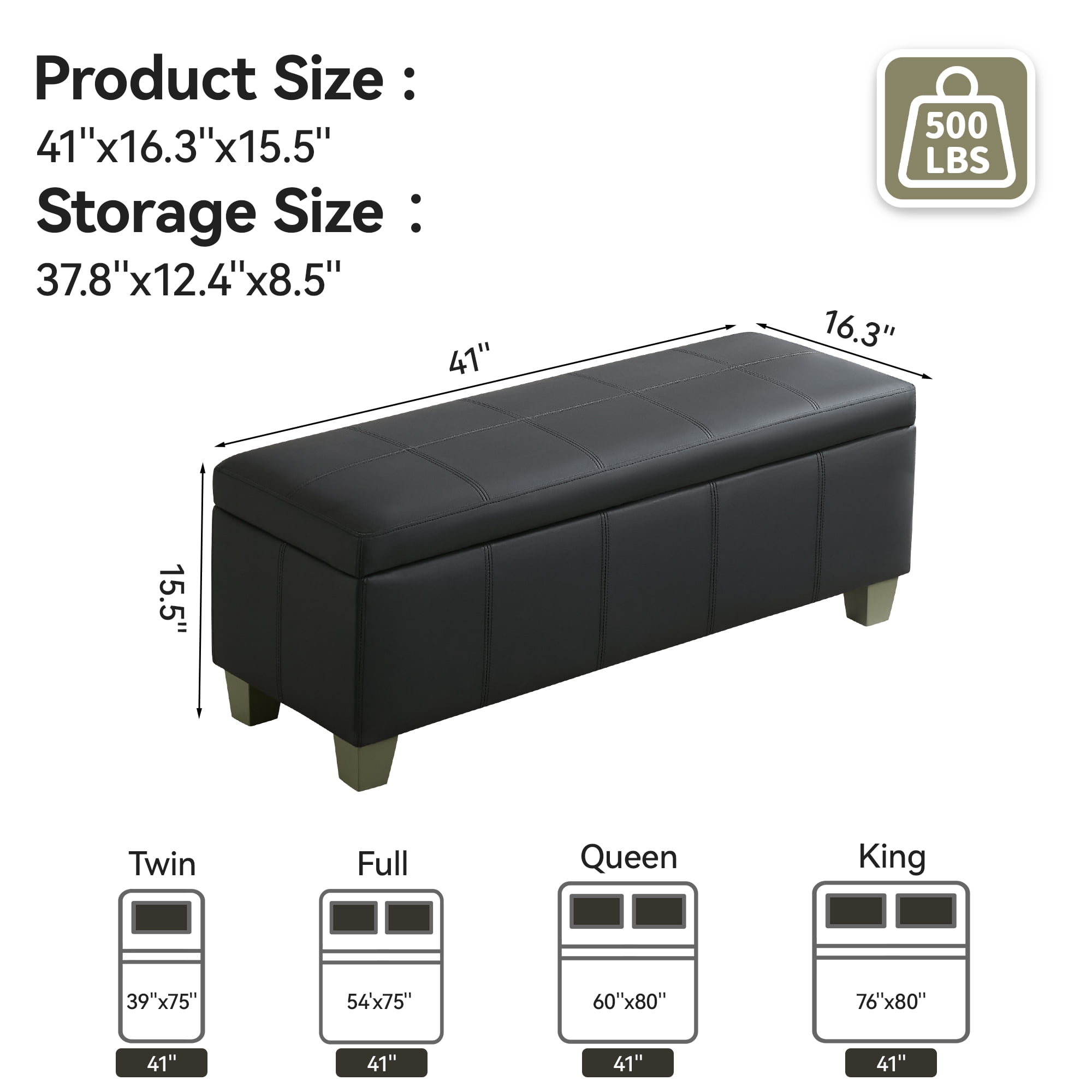 41'' Faux Leather Storage Ottoman Bench, Rectangle Upholstered Storage Bench with Wooden Legs, Stitch Tufted Bench with Storage for Bedroom, Living Room, Entryway, Dark Black