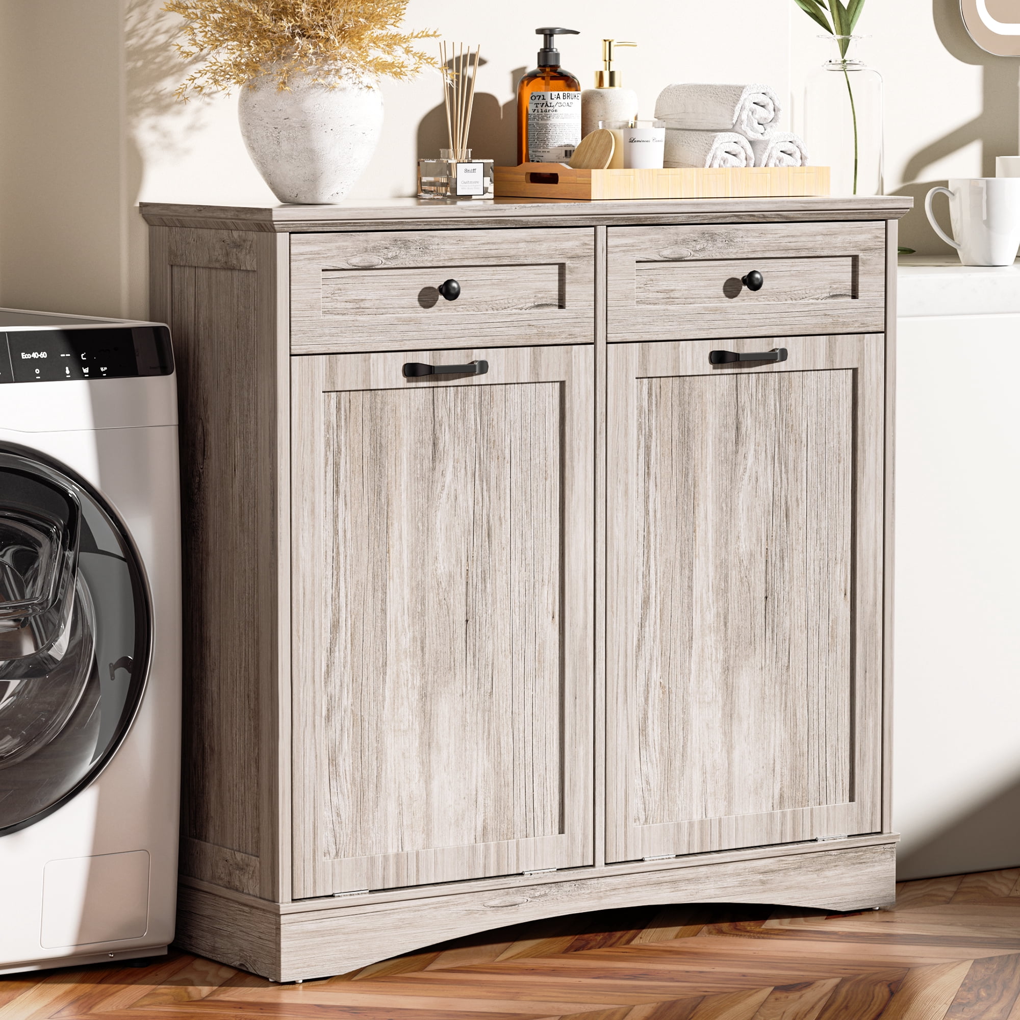 HARIPUL Double Tilt Out Trash Cabinet, 26 Gallon Trash Can Cabinet with Drawers & Handles for Kitchen, Gray