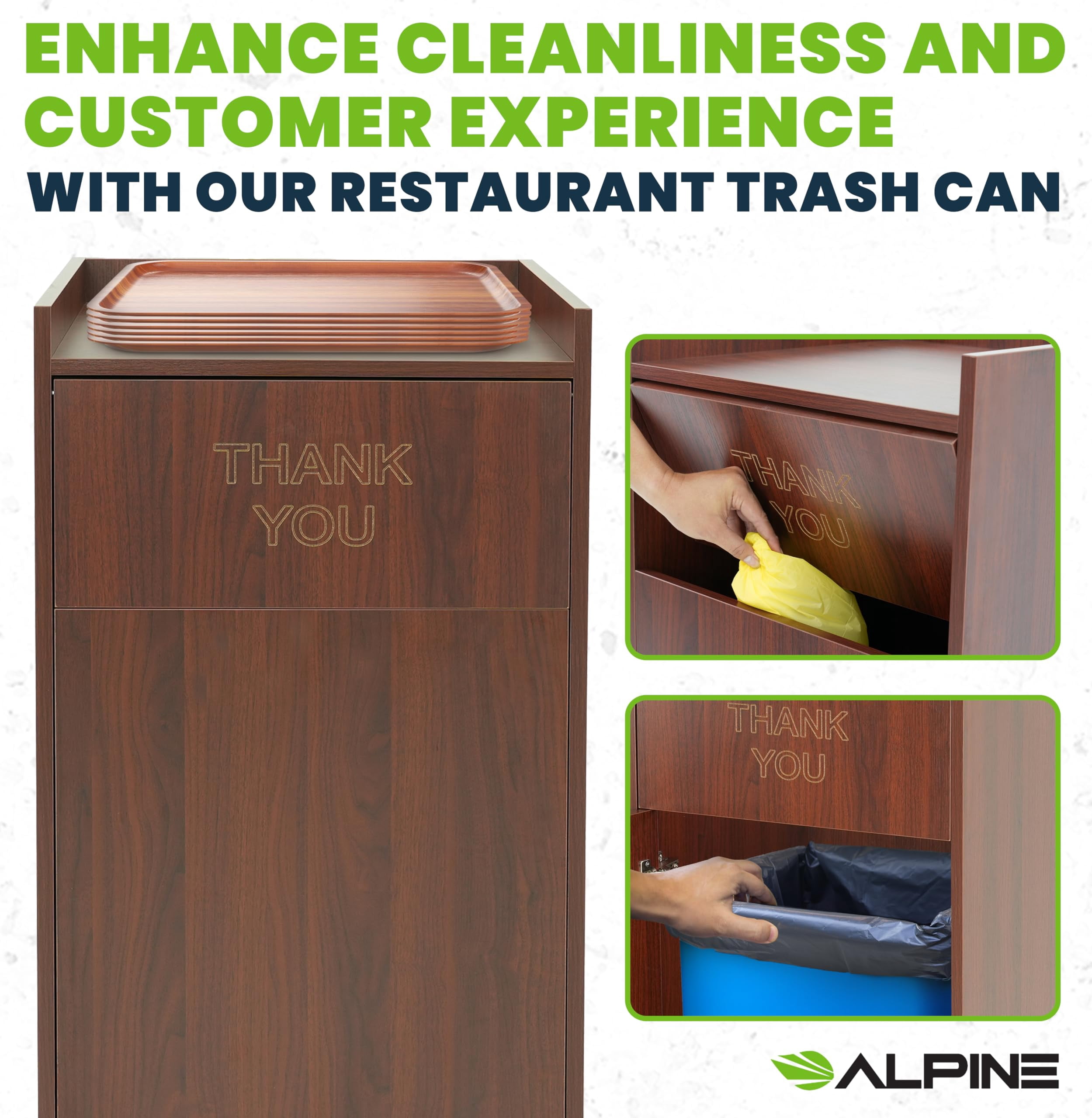 Alpine Restaurant Trash Can Cabinet - Thank You Trash Can Commercial Trash Can 40 Gallon, Garbage Receptacle with Tray Holder for Restaurants, Cafeterias (Mahogany)
