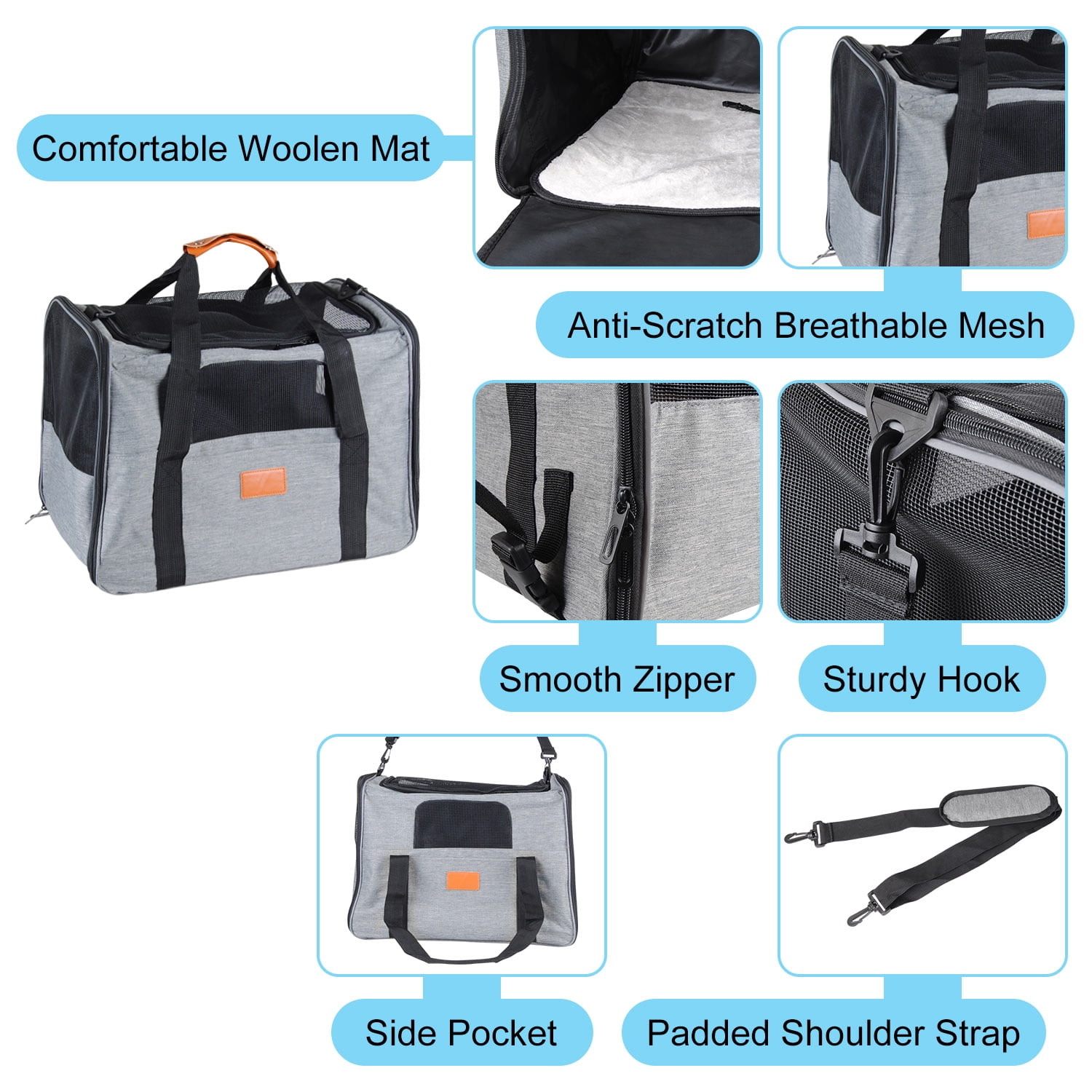 Cat Carrier Bag, AndHot Cat Carrying Case Pet Dog Carrier Soft-Sided Cat Bag Airline Approved for Medium Small Cats and Puppy up to 18lbs, Pet Carrier with Safety Zippers,Grey