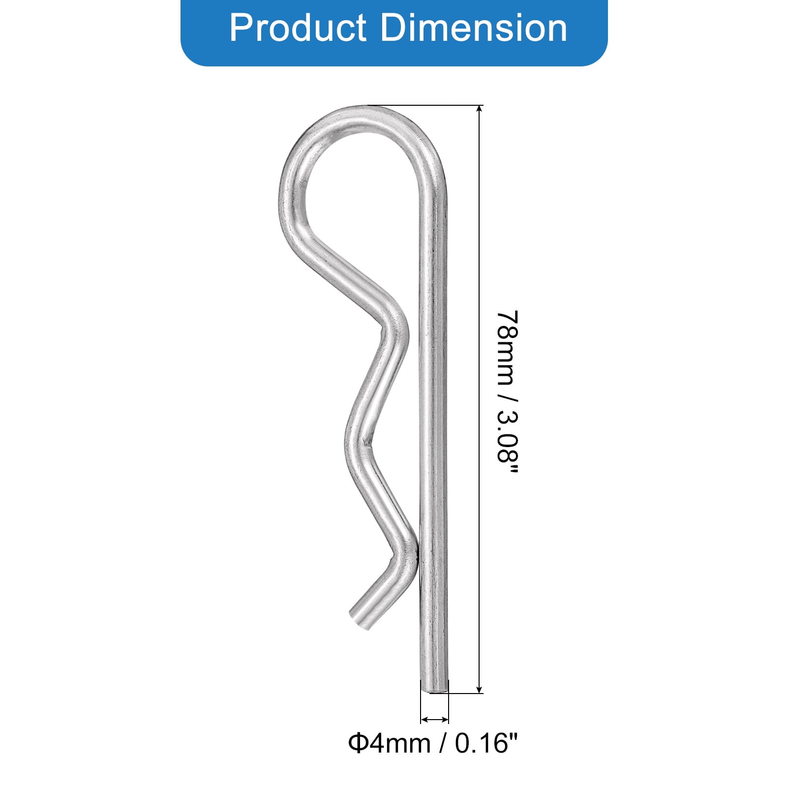 Uxcell 4 mm x 78 mm Cotter Pins Spring Fastener, Hitch Pin Retaining Pin R Clip Hairpin 304 Stainless Steel Silver Tone 20Pcs