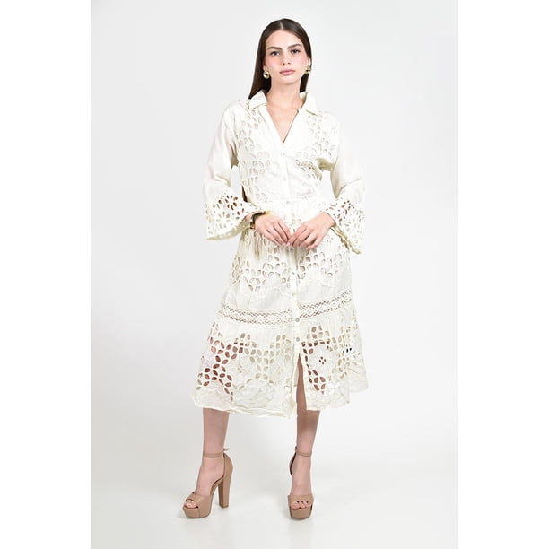 Vestido camisero de encaje bordado Roman Fashion /Juvenil, 107 (Beige) beige M